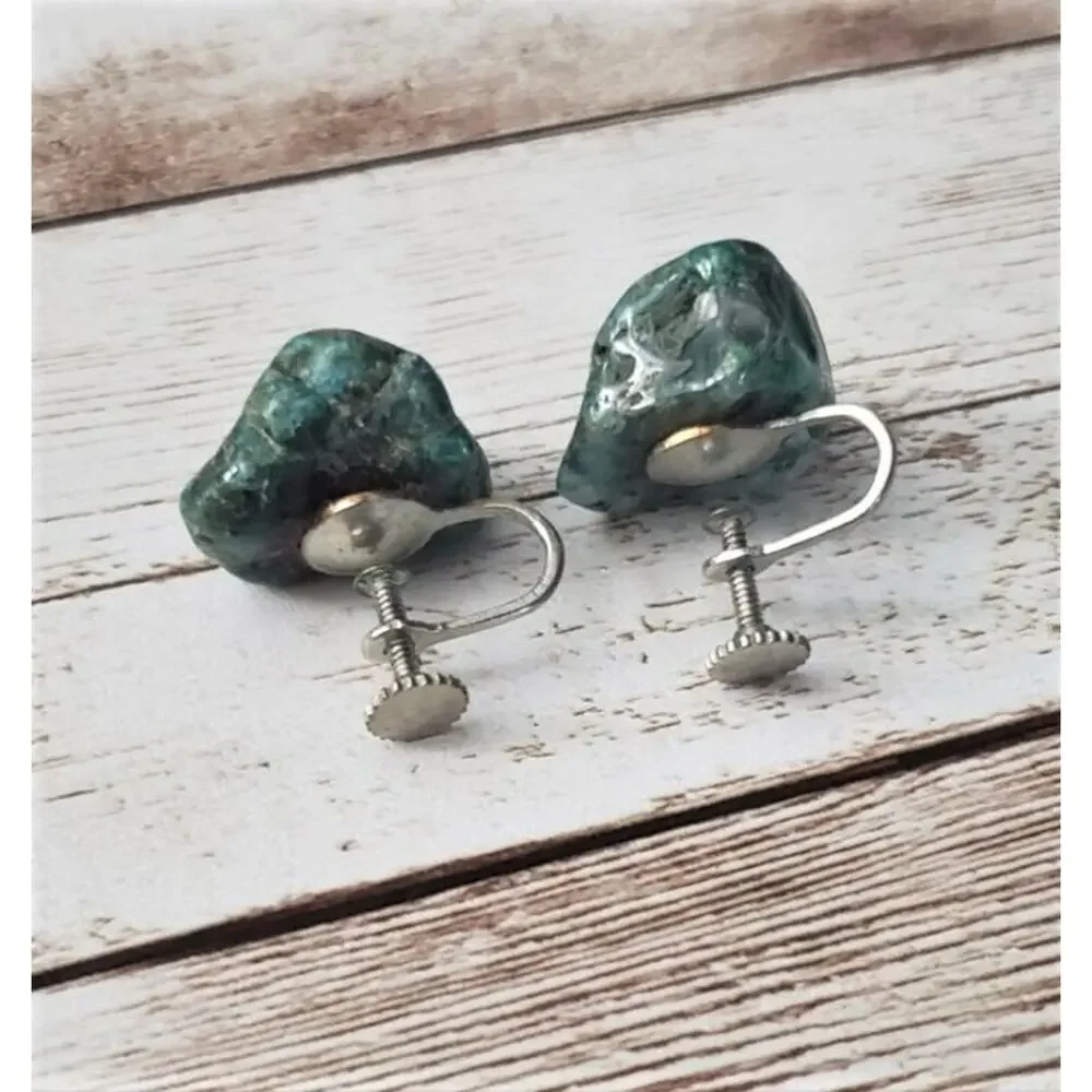 Vintage Screw On Earrings - Dark Teal Tones Stone